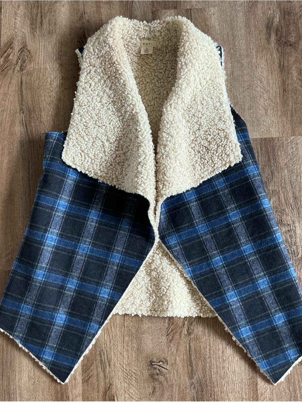 Plaid Vest Ruyi Wool Blend Open Front Sherpa Lined Blue Black One Size OS Winter